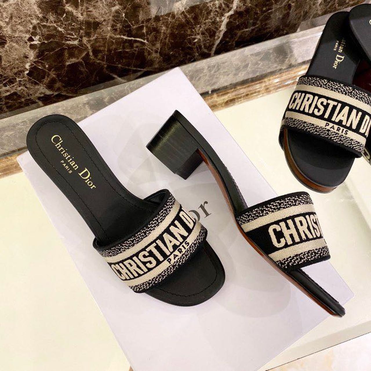 Christian Dior Dway Heeled Slide Deep Black Embroidered Cotton Deep  For Women CD KCQ244ERC_S56B