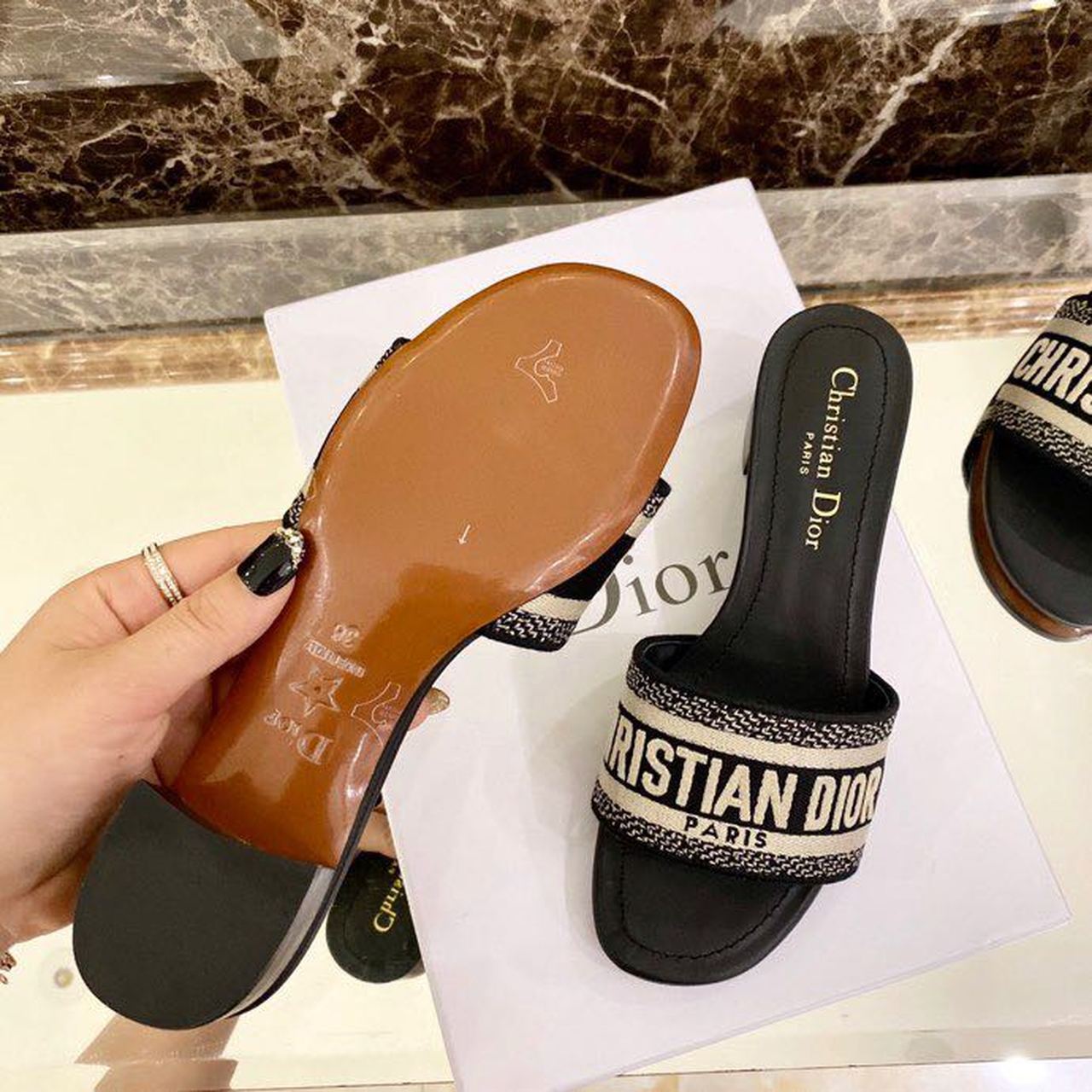 Christian Dior Dway Heeled Slide Deep Black Embroidered Cotton Deep  For Women CD KCQ244ERC_S56B