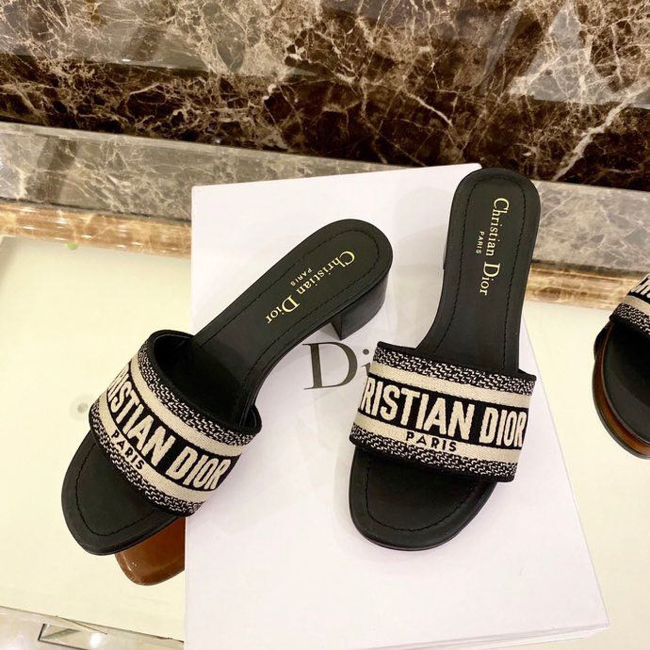 Christian Dior Dway Heeled Slide Deep Black Embroidered Cotton Deep  For Women CD KCQ244ERC_S56B