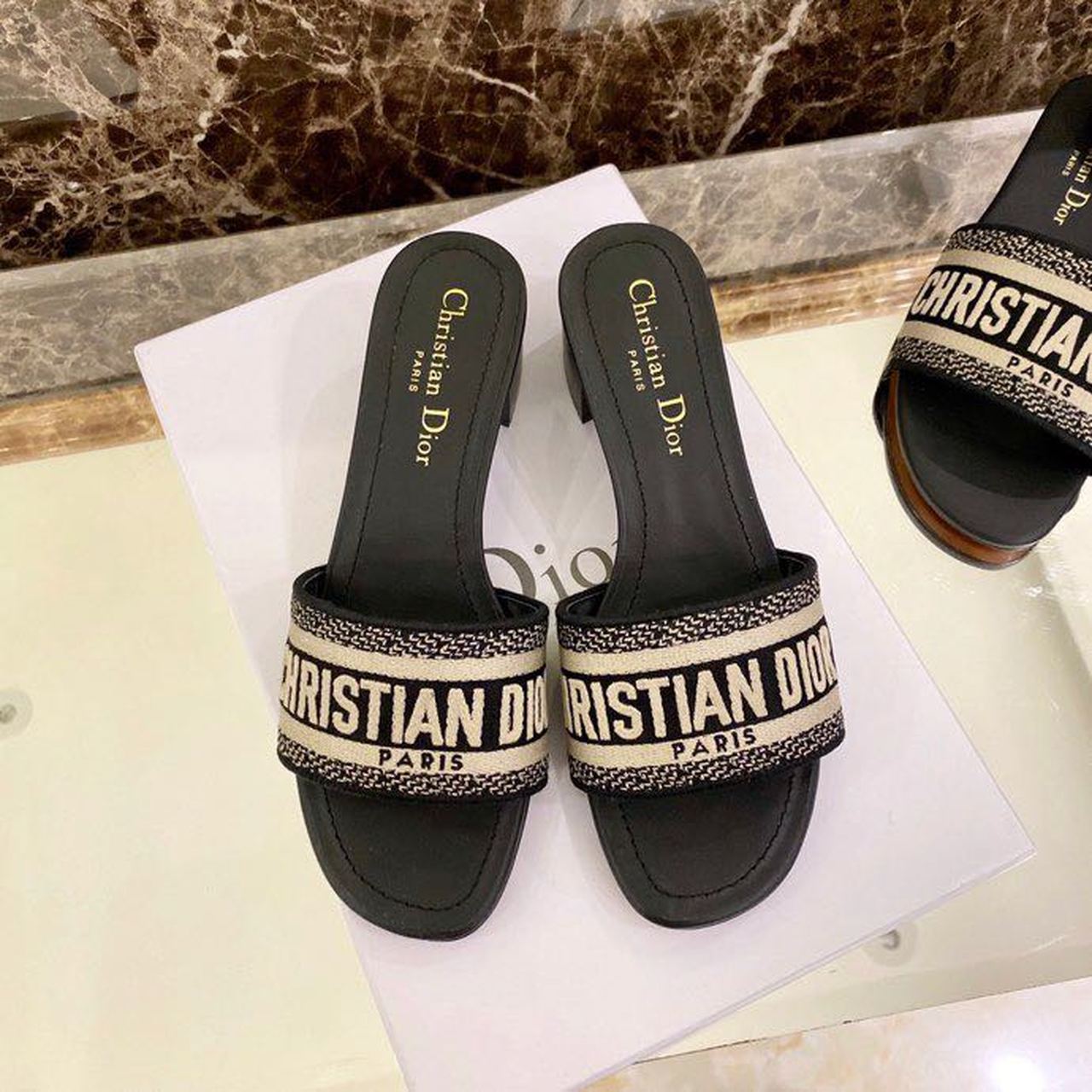 Christian Dior Dway Heeled Slide Deep Black Embroidered Cotton Deep  For Women CD KCQ244ERC_S56B