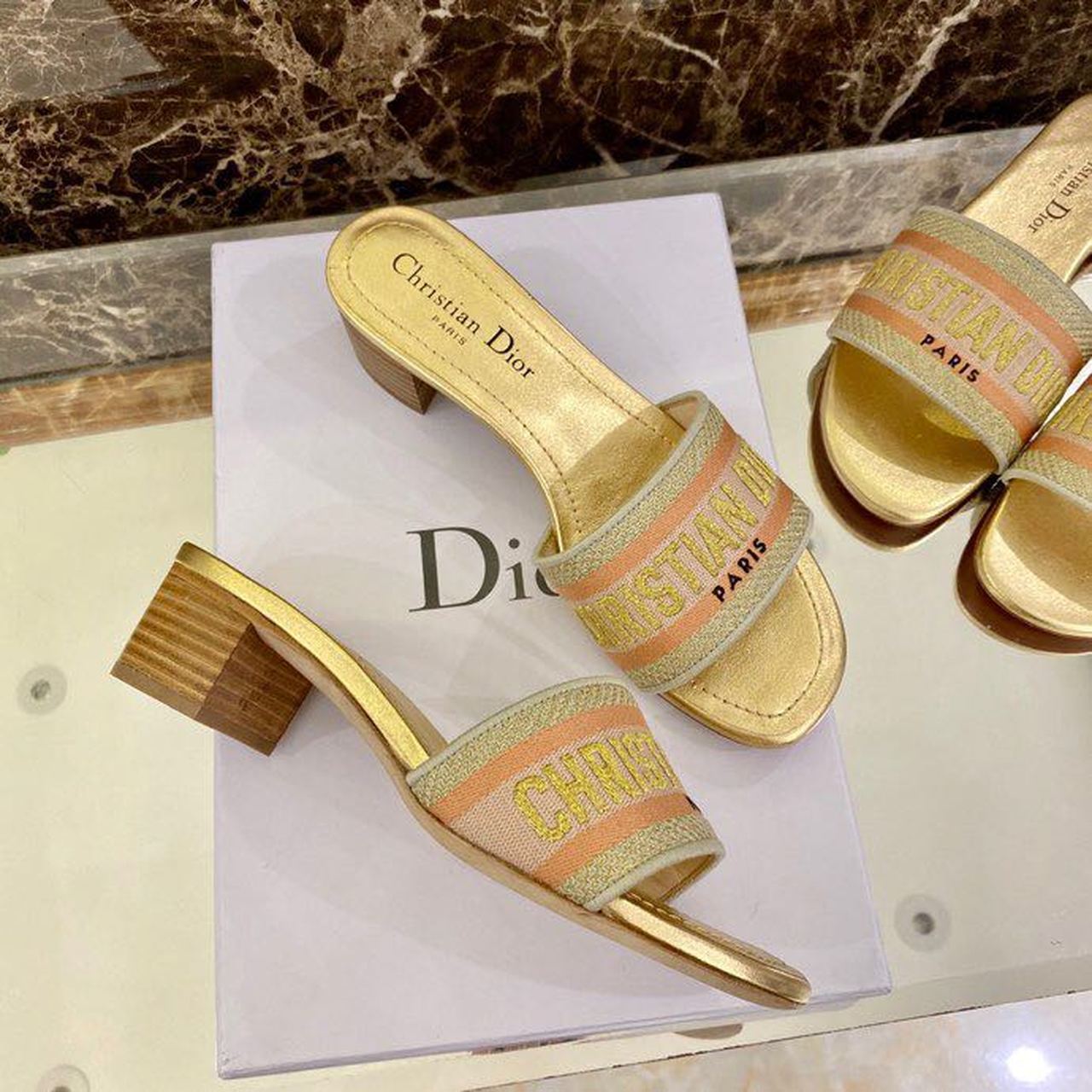 Christian Dior Dway Heeled Slide Gold-Tone Cotton Embroidered With Metallic Thread And Strass Gold For Women CD