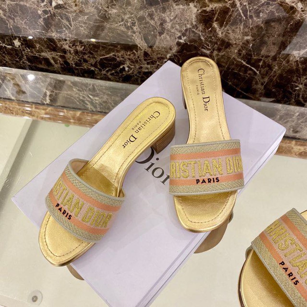 Christian Dior Dway Heeled Slide Gold-Tone Cotton Embroidered With Metallic Thread And Strass Gold For Women CD