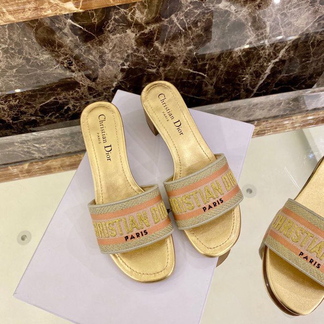 Christian Dior Dway Heeled Slide Gold-Tone Cotton Embroidered With Metallic Thread And Strass Gold For Women CD