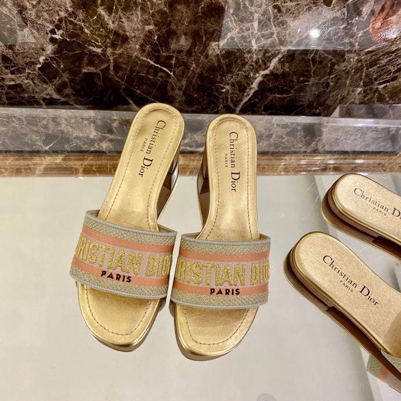 Christian Dior Dway Heeled Slide Gold-Tone Cotton Embroidered With Metallic Thread And Strass Gold For Women CD