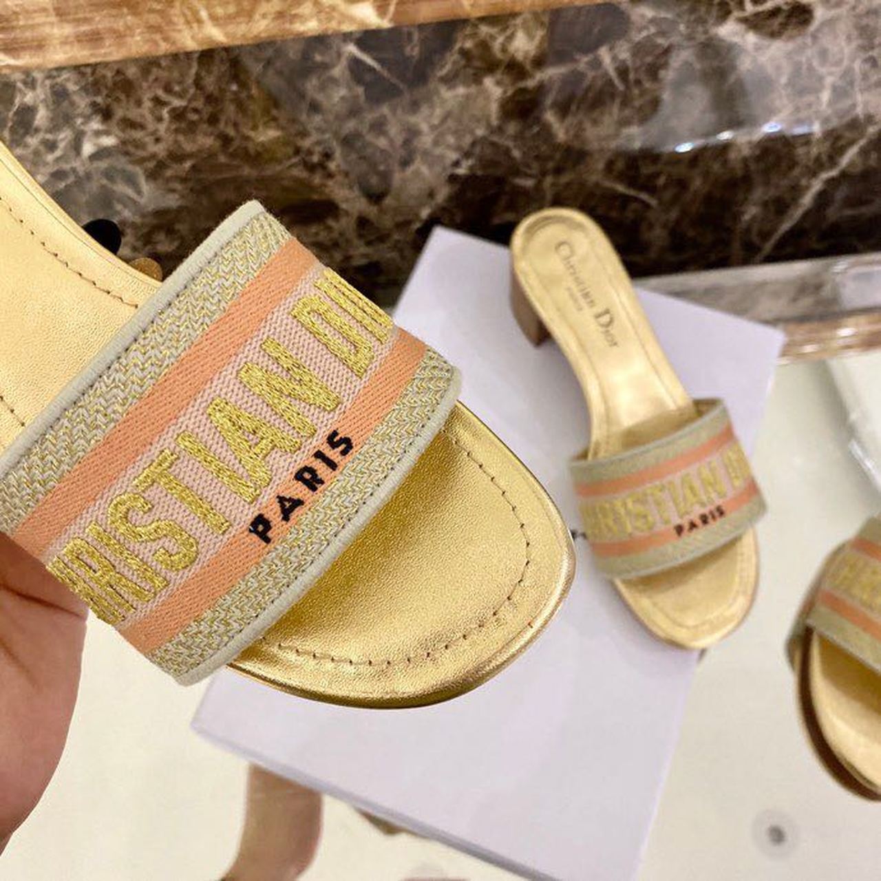 Christian Dior Dway Heeled Slide Gold-Tone Cotton Embroidered With Metallic Thread And Strass Gold For Women CD