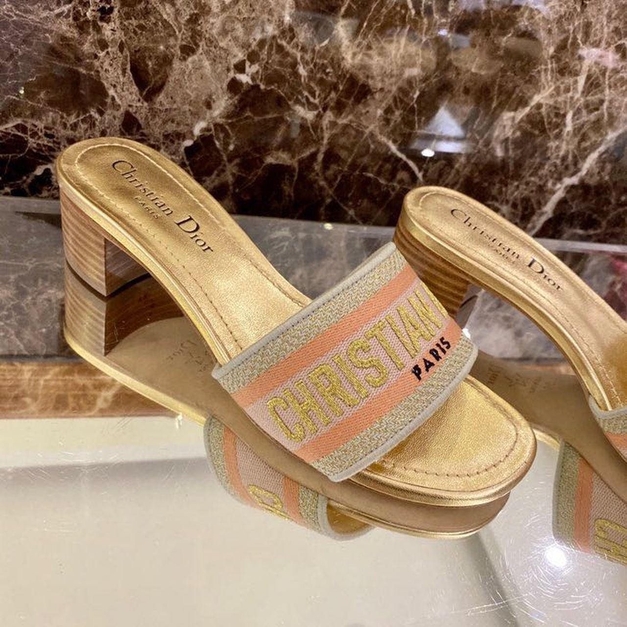 Christian Dior Dway Heeled Slide Gold-Tone Cotton Embroidered With Metallic Thread And Strass Gold For Women CD