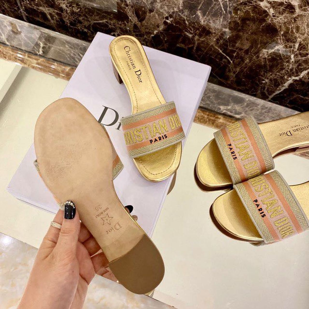 Christian Dior Dway Heeled Slide Gold-Tone Cotton Embroidered With Metallic Thread And Strass Gold For Women CD