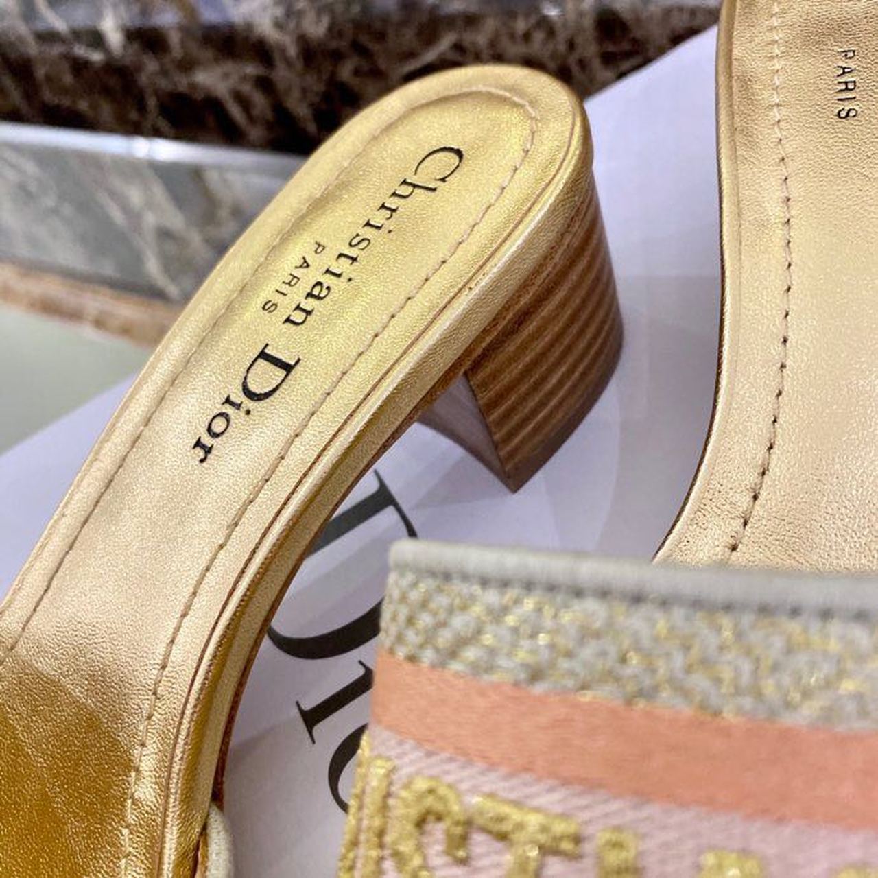 Christian Dior Dway Heeled Slide Gold-Tone Cotton Embroidered With Metallic Thread And Strass Gold For Women CD
