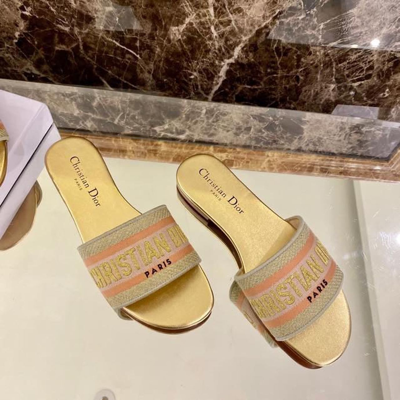 Christian Dior Dway Slide Embroidered Cotton Gold For Women CD