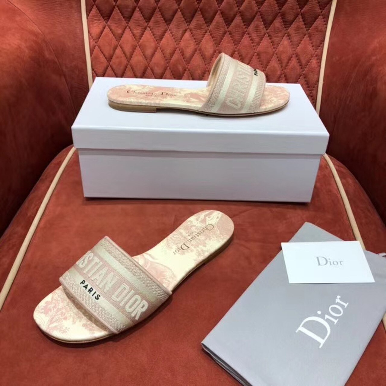 Christian Dior Dway Slide Embroidered Cotton Pink For Women CD