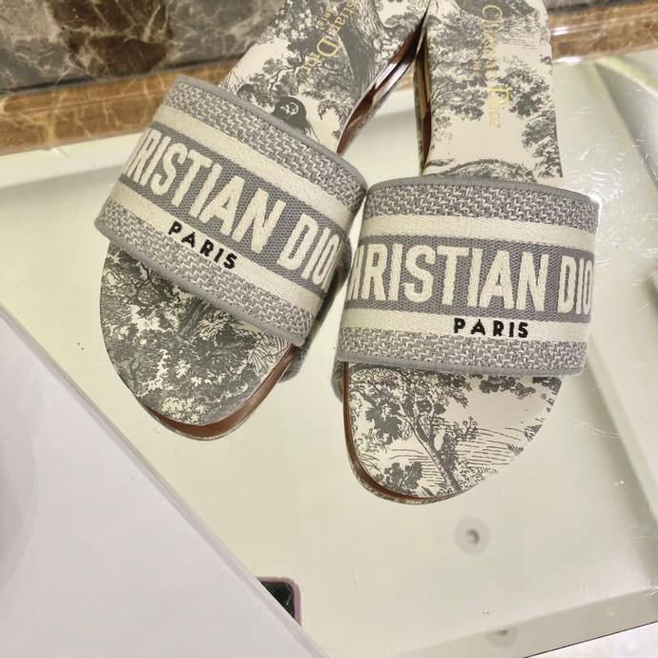 Christian Dior Dway Slide Gray Toile De Jouy Embroidered Cotton Gray For Women CD KCQ209TJE_S21G