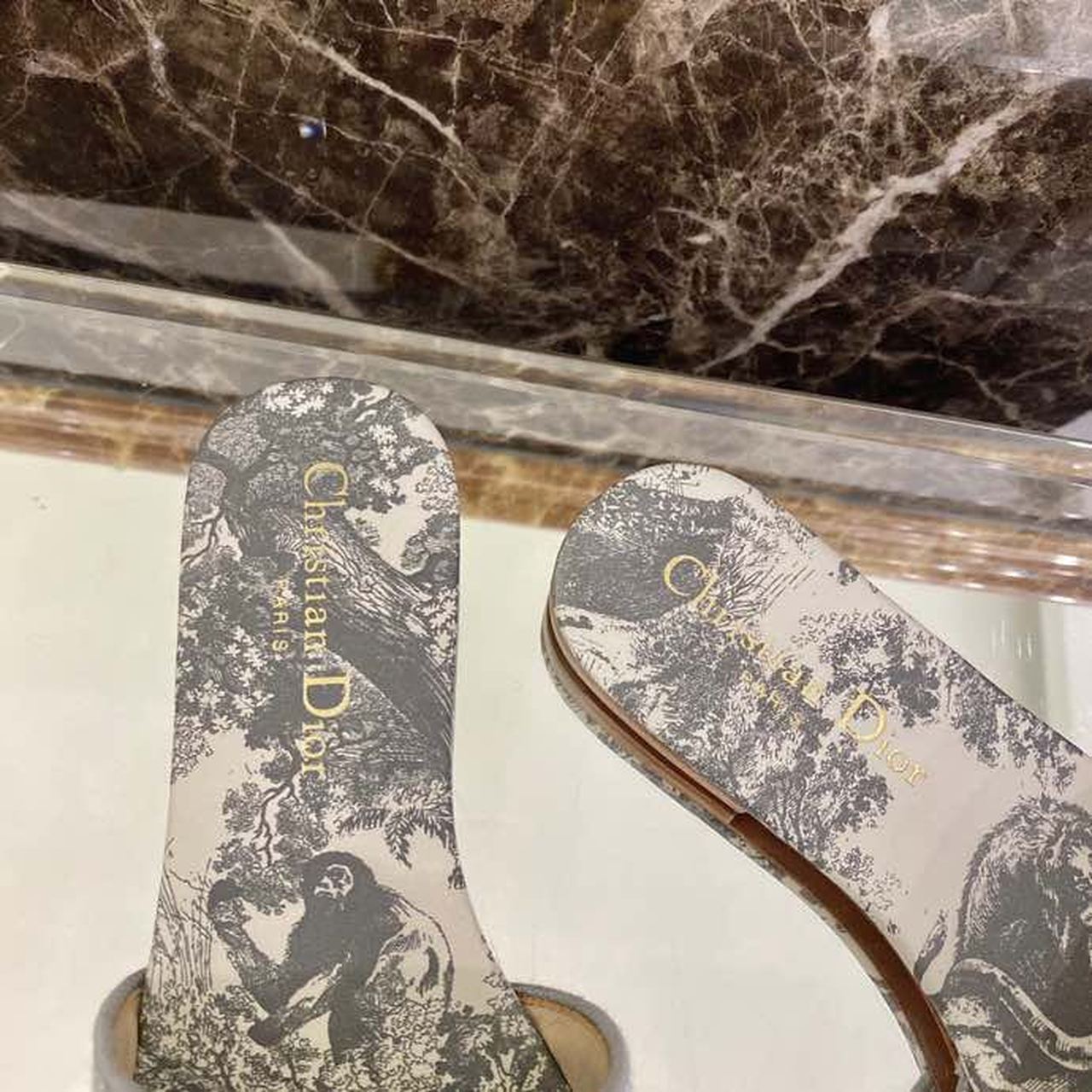 Christian Dior Dway Slide Gray Toile De Jouy Embroidered Cotton Gray For Women CD KCQ209TJE_S21G
