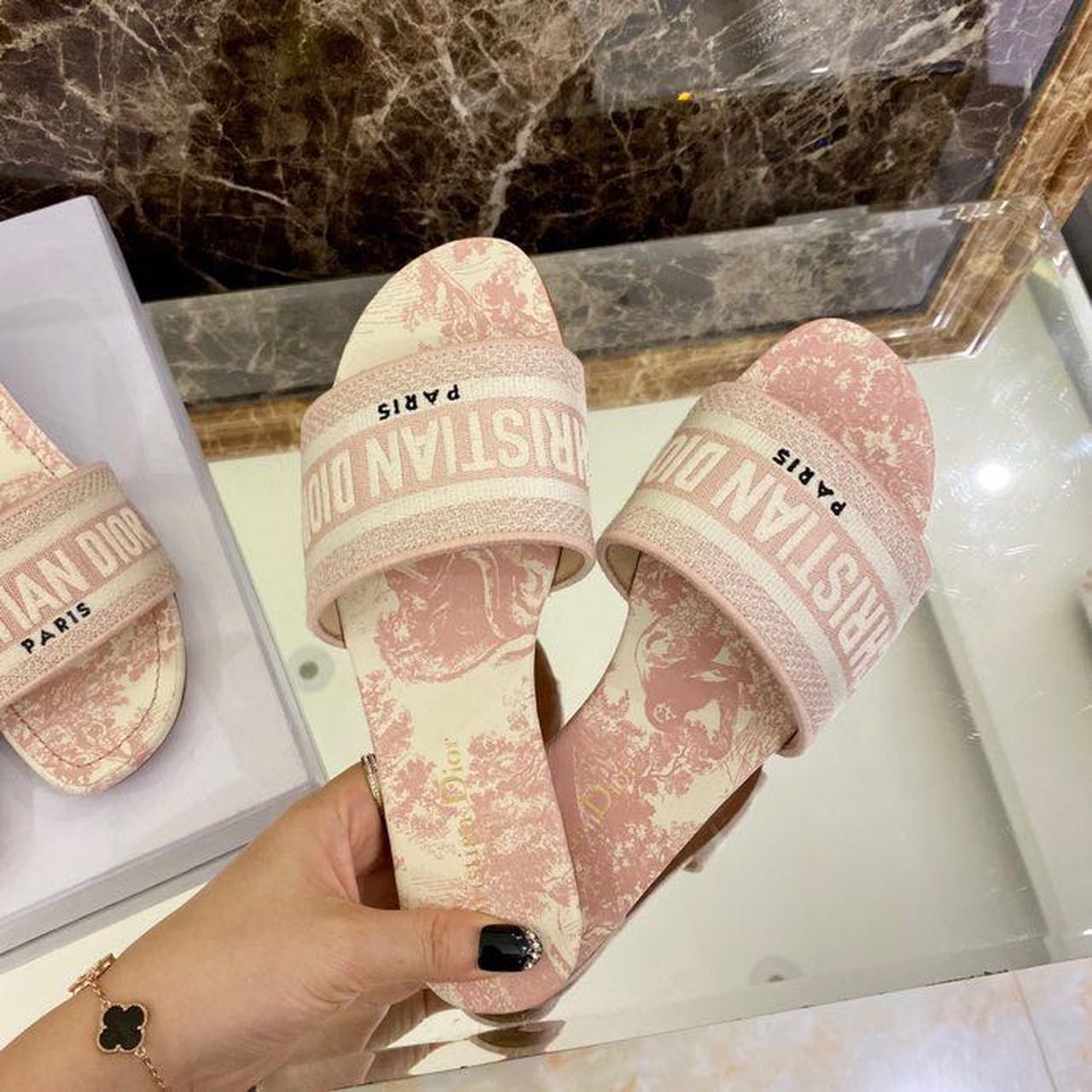 Christian Dior Dway Slide Peony Pink Toile De Jouy Embroidered Cotton Pink For Women CD KCQ209TJE_S61W
