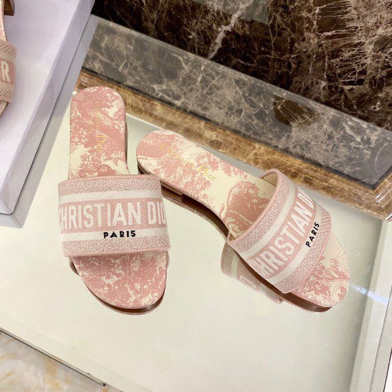 Christian Dior Dway Slide Peony Pink Toile De Jouy Embroidered Cotton Pink For Women CD KCQ209TJE_S61W