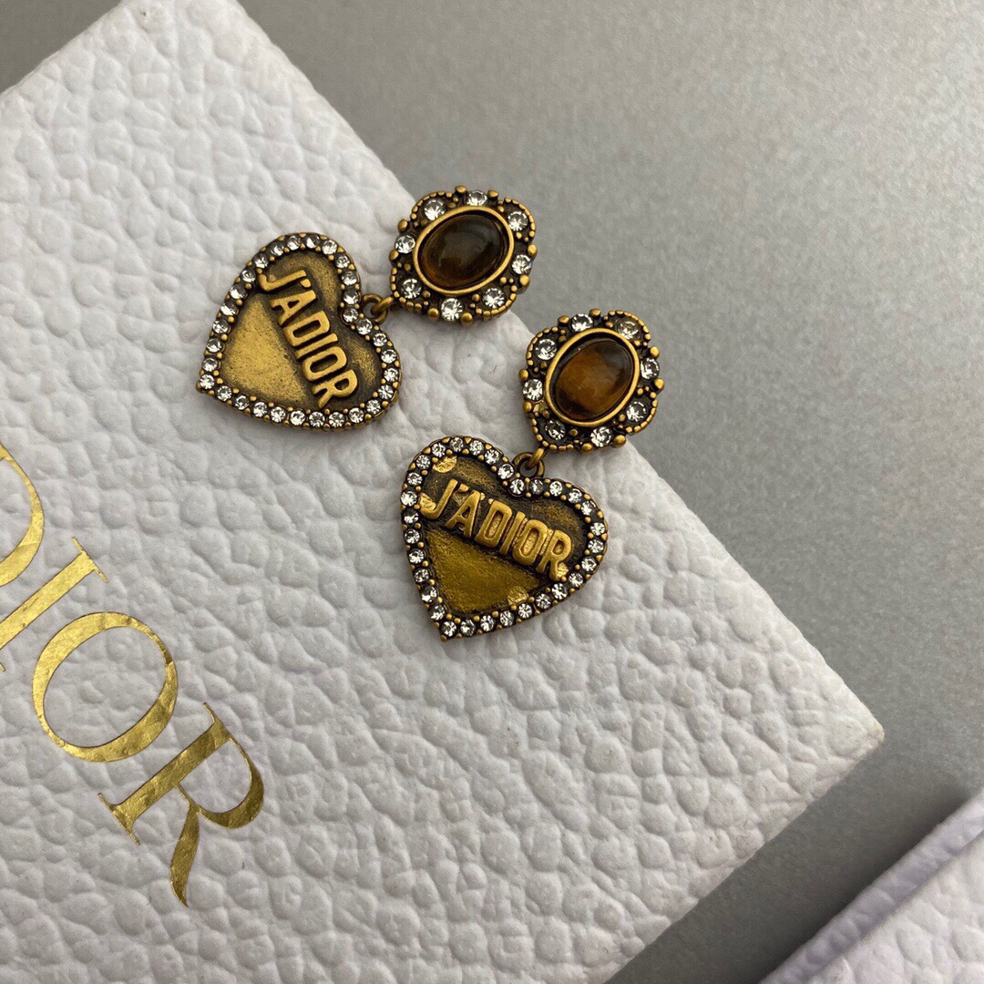 Christian Dior Engraved JADIOR Heart Earrings Gold Tone For Women