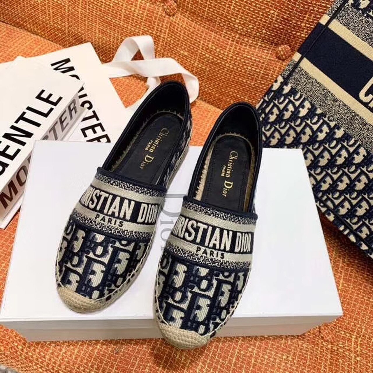 Christian Dior Granville Espadrille Dark Blue Dior Oblique Embroidered Cotton Black For Women CD