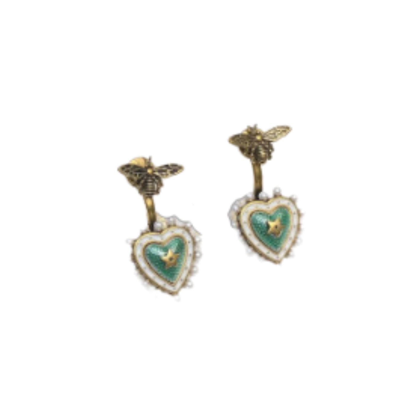 Christian Dior Green Heart Bee Shape Earrings Gold Tone For Women