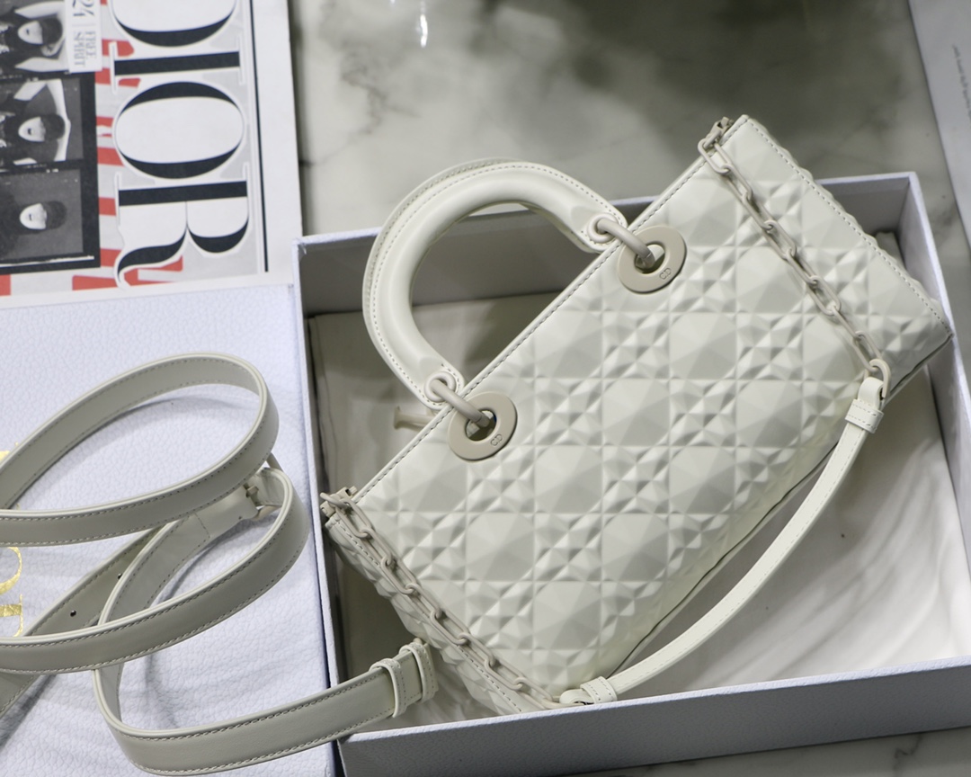 Christian Dior Lady D-Joy Bag White Macrocannage Technical Fabric, White, For Women Women’s Handbags, 26cm CDOTID_