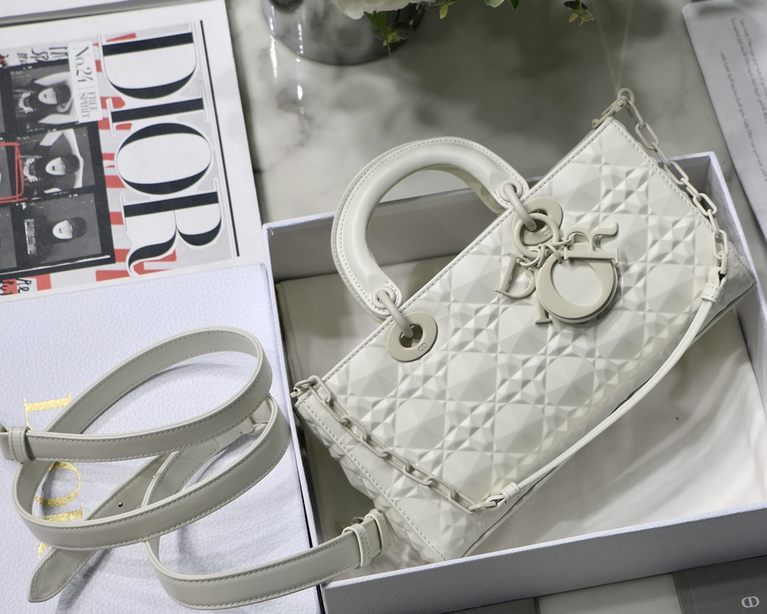 Christian Dior Lady D-Joy Bag White Macrocannage Technical Fabric, White, For Women Women’s Handbags, 26cm CDOTID_
