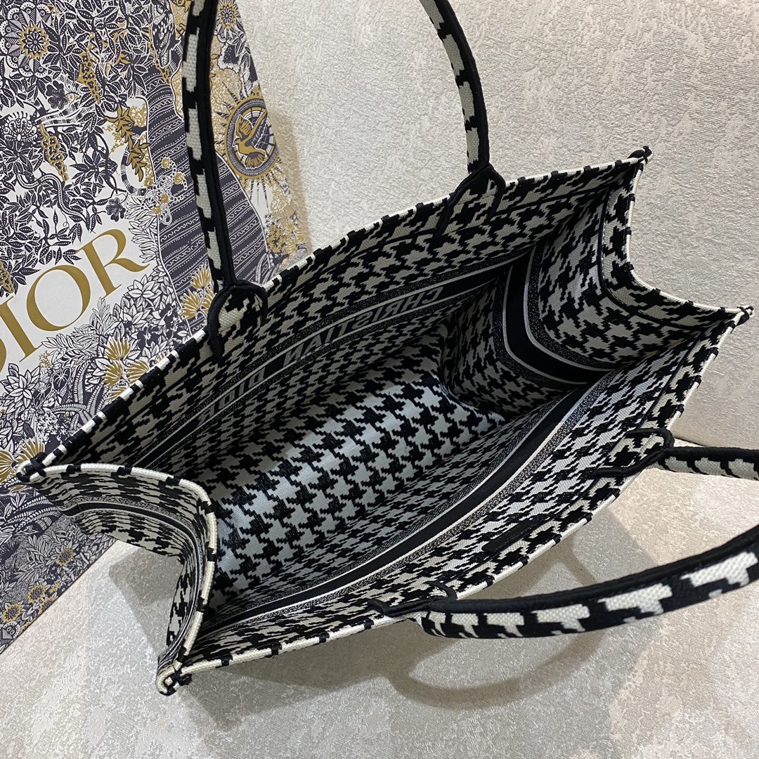 Christian Dior Large Dior Book Tote Black Houndstooth Embroidery, Black/White, For Women Women’s Handbags, Shoulder Bags, 42cm CD