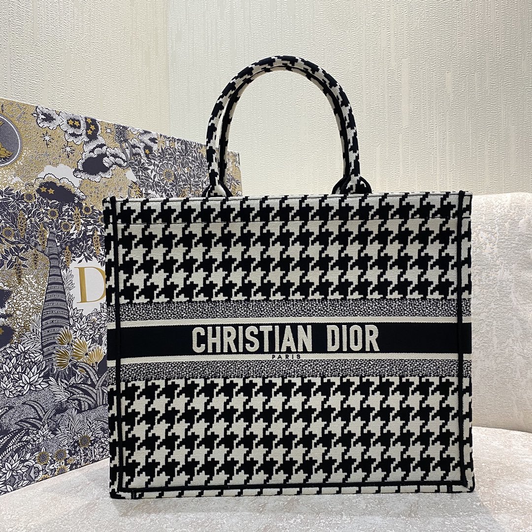 Christian Dior Large Dior Book Tote Black Houndstooth Embroidery, Black/White, For Women Women’s Handbags, Shoulder Bags, 42cm CD