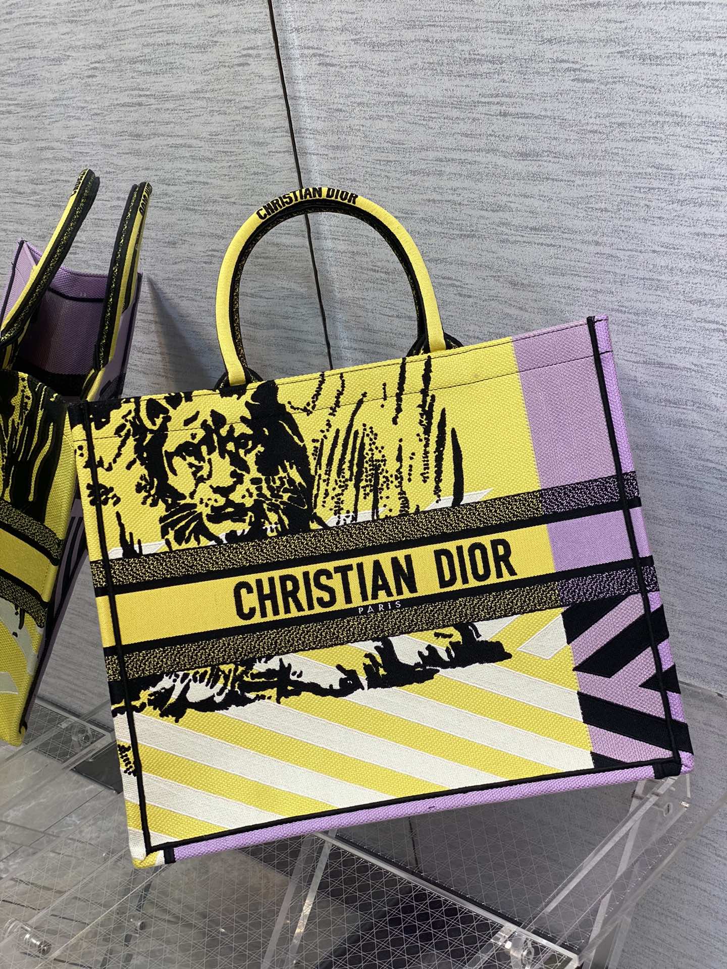 Christian Dior Large Dior Book Tote Bright Yellow and Pink D-Jungle Pop Embroidery, Yellow/Pink, For Women Women’s Handbags, 41cm CDZRON_