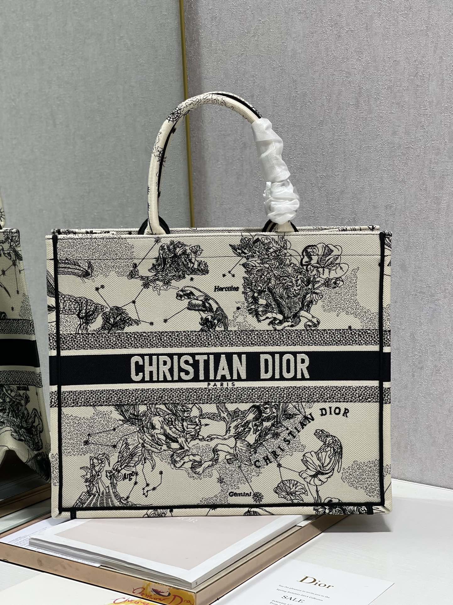 Christian Dior Large Dior Book Tote Dior Zodiac Embroidery, Black/Beige, For Women Women’s Handbags, 41cm CD