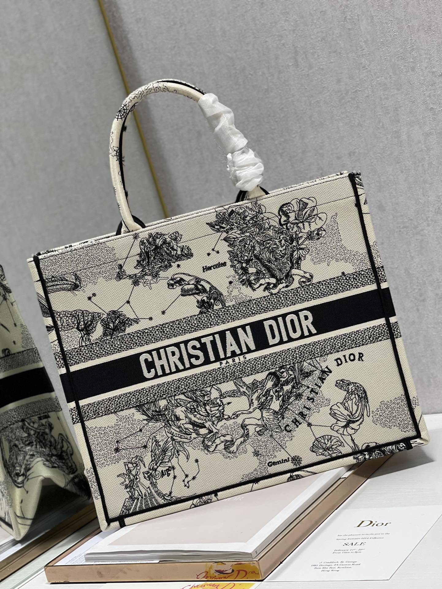 Christian Dior Large Dior Book Tote Dior Zodiac Embroidery, Black/Beige, For Women Women’s Handbags, 41cm CD