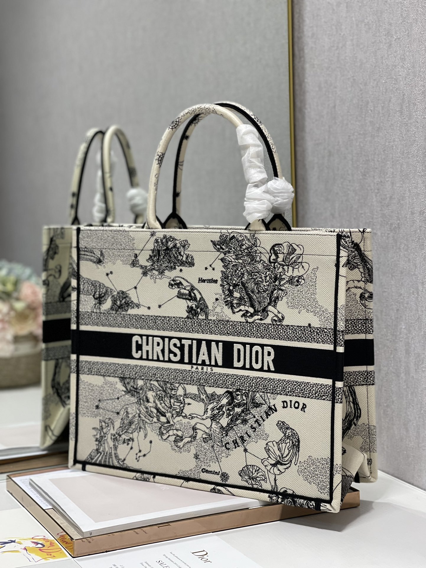 Christian Dior Large Dior Book Tote Dior Zodiac Embroidery, Black/Beige, For Women Women’s Handbags, 41cm CD