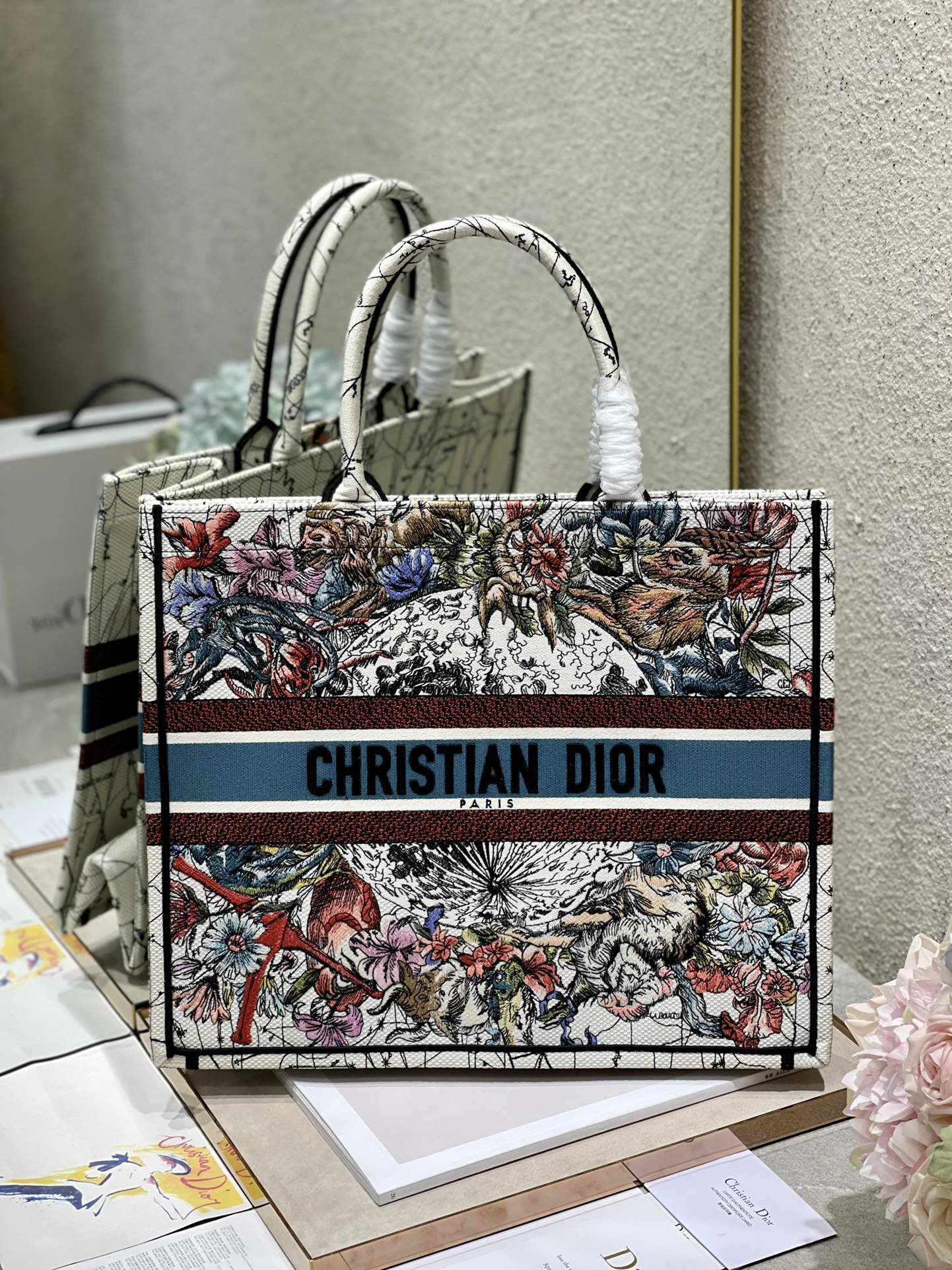 Christian Dior Large Dior Book Tote Latte Multicolor Dior Zodiac Embroidery, Latte Multicolor, For Women Women’s Handbags, Shoulder Bags, 42cm