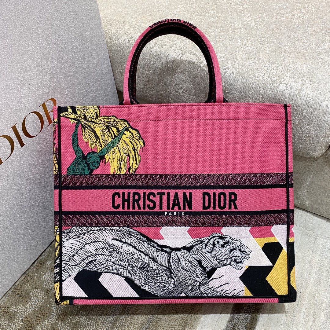 Christian Dior Large Dior Book Tote Multicolor Toile de Jouy Zoom Pop Embroidery, Fuchsia Pink, For Women Women’s Handbags, 41cm CDZROH_