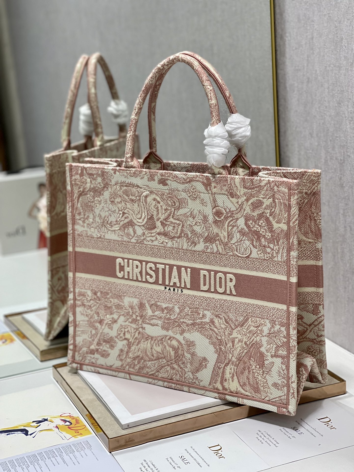 Christian Dior Large Dior Book Tote Red Toile de Jouy Embroidery, Light Red, For Women Women’s Handbags, 42cm CD