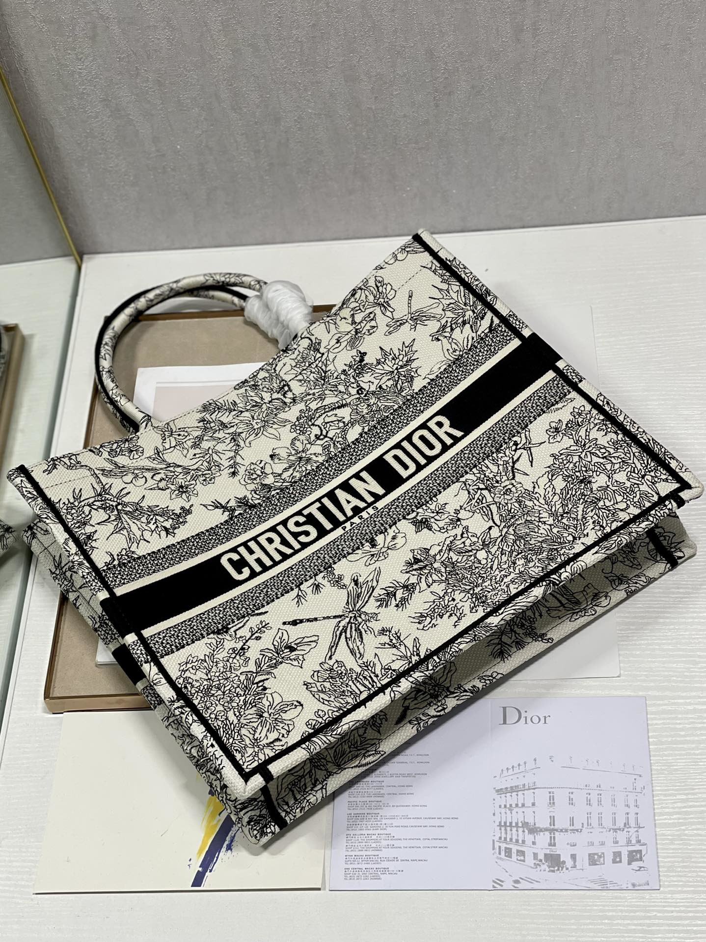 Christian Dior Large Dior Book Tote Toile de Jouy Flowers Embroidery, Black/Beige, For Women Women’s Handbags, Shoulder Bags, 42cm CDZTQW_