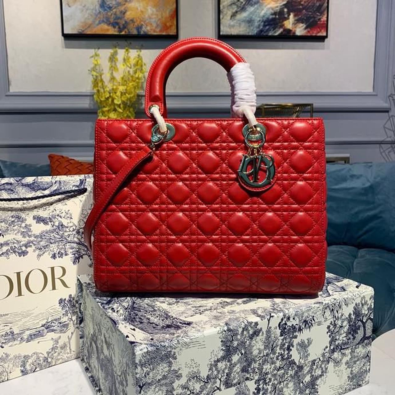 Christian Dior Large Lady Dior Bag Gold Toned Hardware Cherry Red Cannage For Women CD 12.5in/32cmONGE_M52R