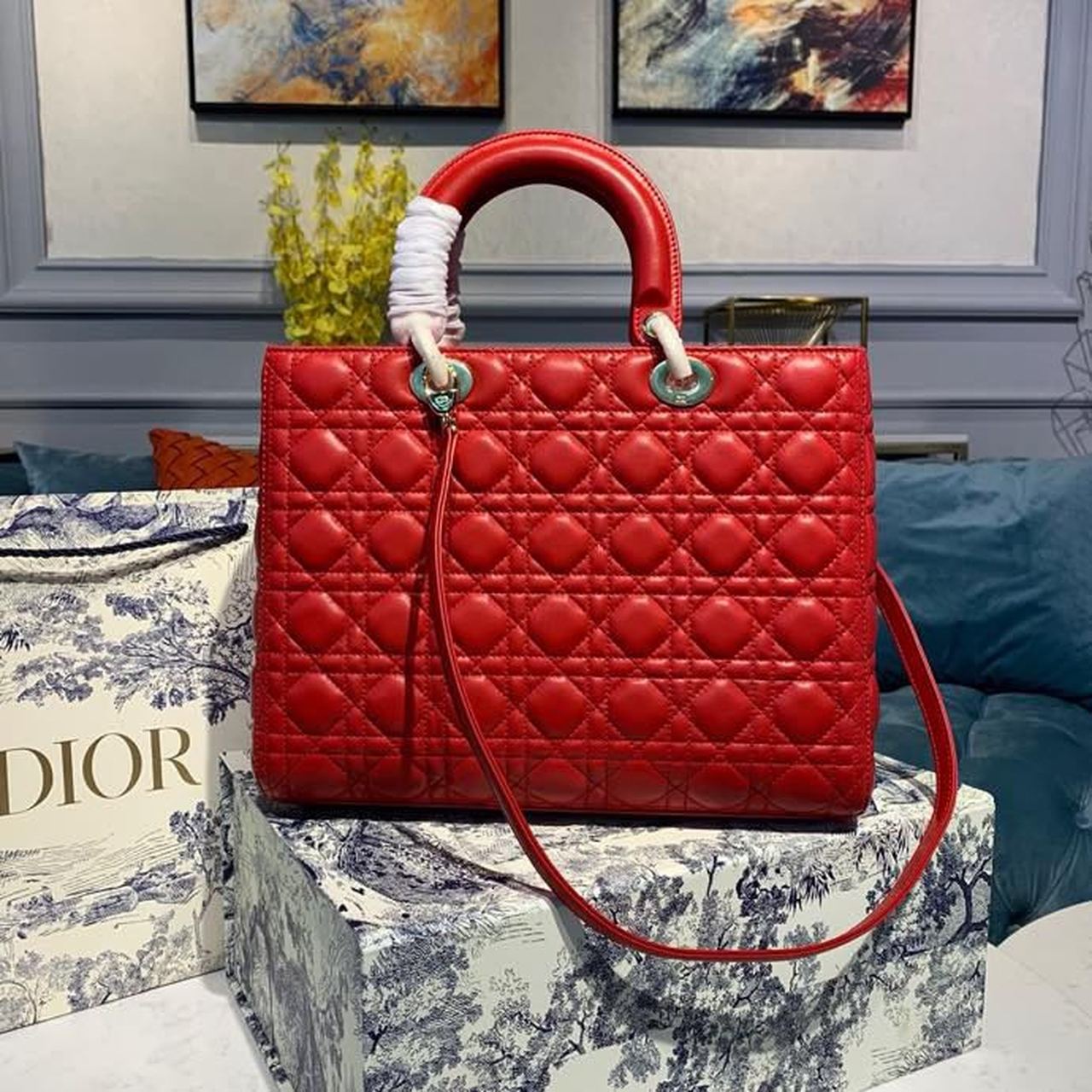 Christian Dior Large Lady Dior Bag Gold Toned Hardware Cherry Red Cannage For Women CD 12.5in/32cmONGE_M52R
