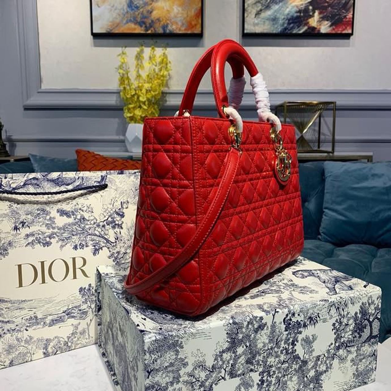 Christian Dior Large Lady Dior Bag Gold Toned Hardware Cherry Red Cannage For Women CD 12.5in/32cmONGE_M52R