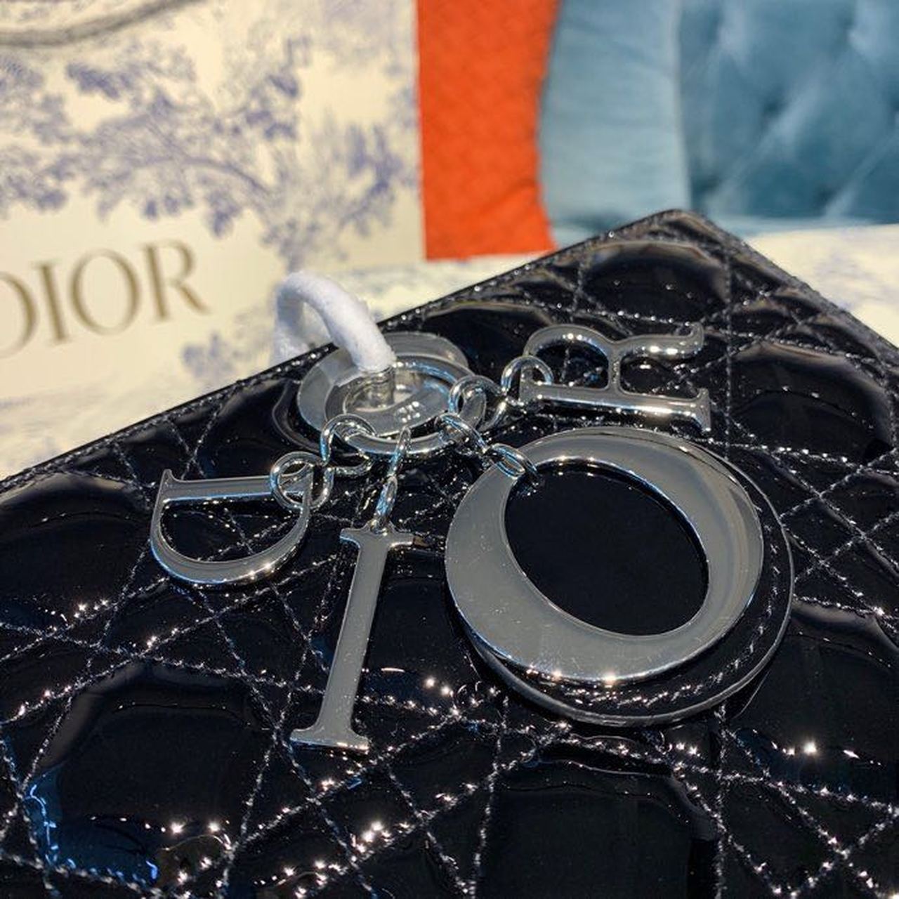 Christian Dior Large Lady Dior Bag Silver Hardware Black Patent For Women 12.5in/32cm CDOWCB_
