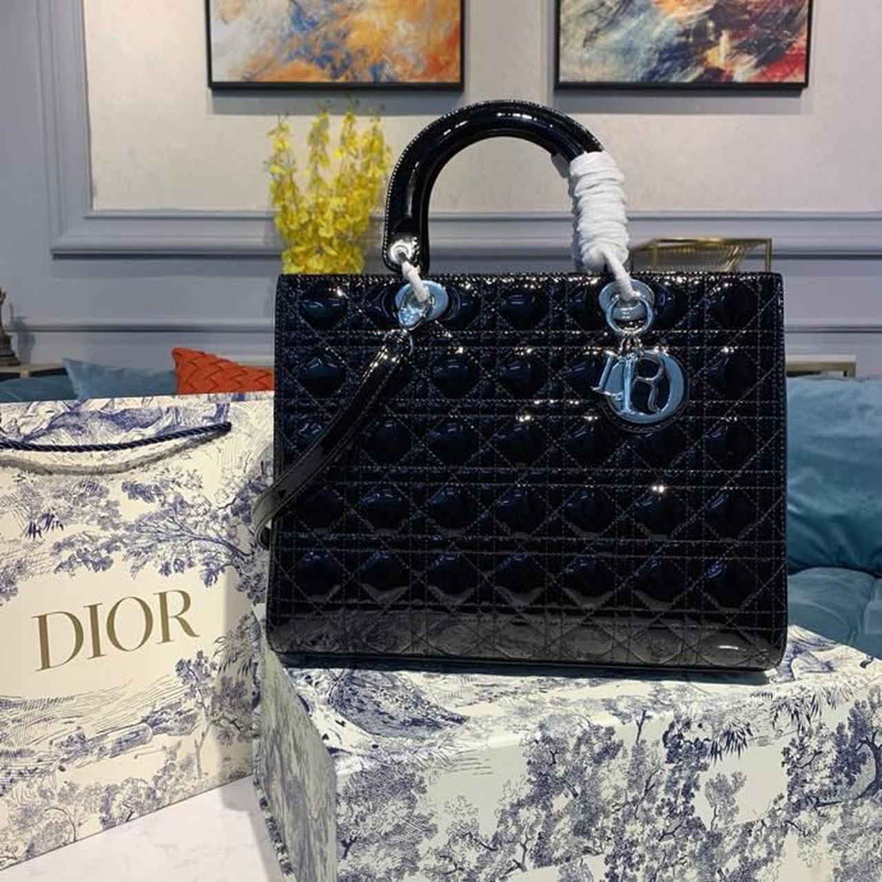 Christian Dior Large Lady Dior Bag Silver Hardware Black Patent For Women 12.5in/32cm CDOWCB_
