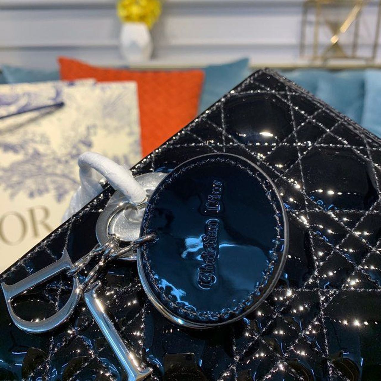 Christian Dior Large Lady Dior Bag Silver Hardware Black Patent For Women 12.5in/32cm CDOWCB_