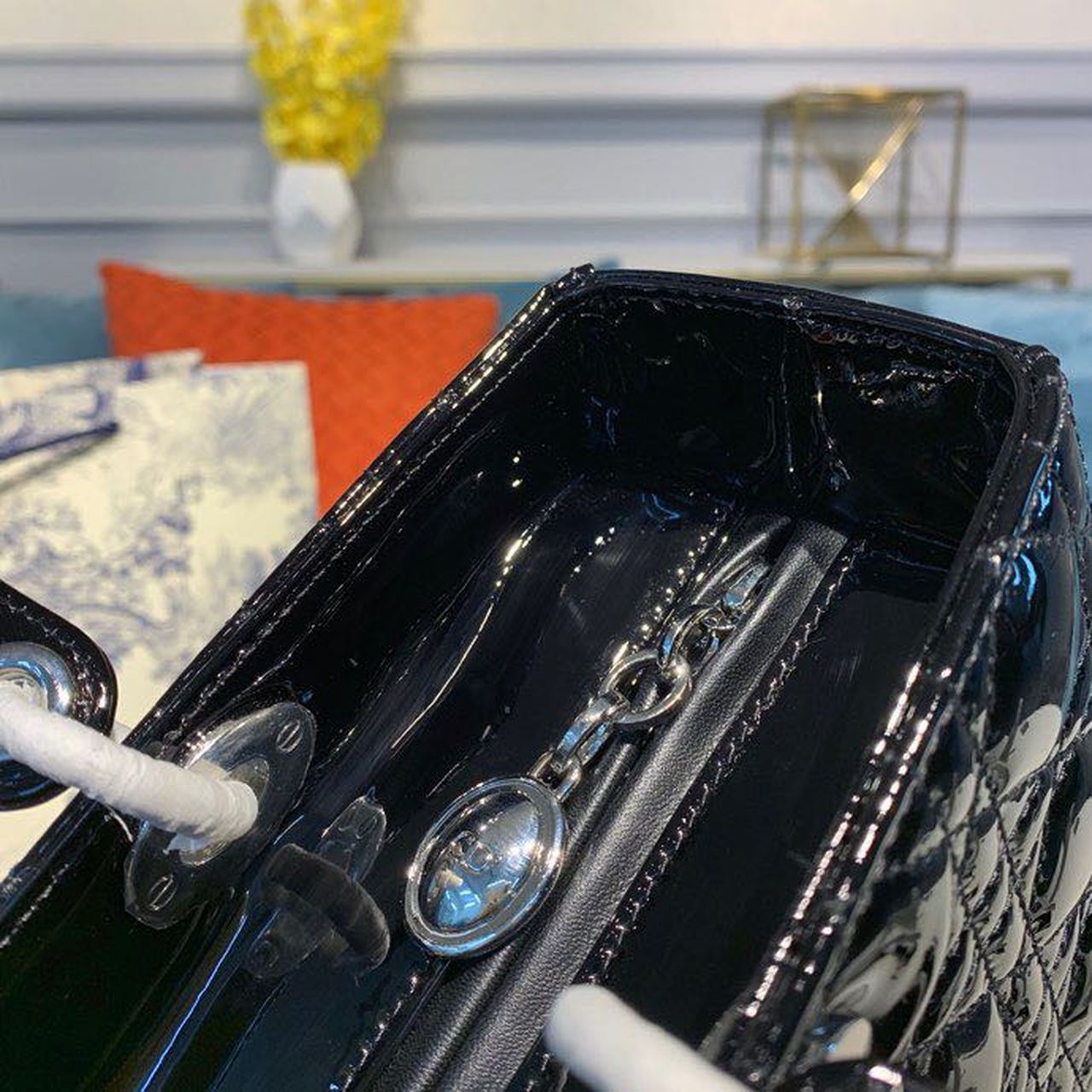 Christian Dior Large Lady Dior Bag Silver Hardware Black Patent For Women 12.5in/32cm CDOWCB_