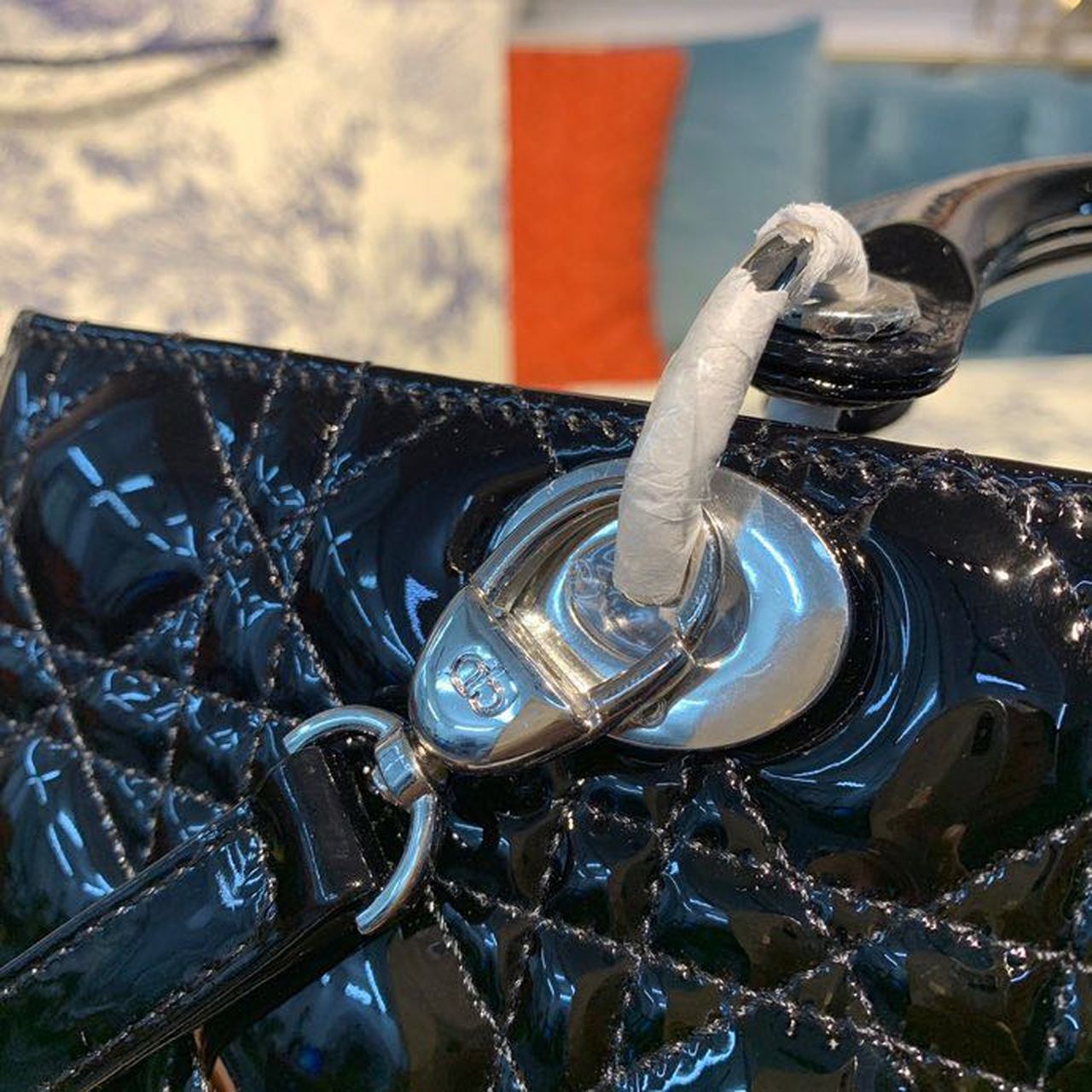 Christian Dior Large Lady Dior Bag Silver Hardware Black Patent For Women 12.5in/32cm CDOWCB_