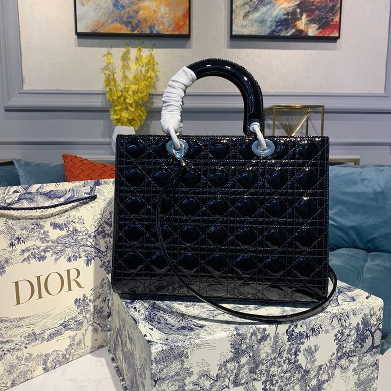 Christian Dior Large Lady Dior Bag Silver Hardware Black Patent For Women 12.5in/32cm CDOWCB_