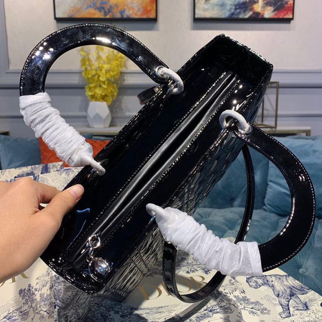 Christian Dior Large Lady Dior Bag Silver Hardware Black Patent For Women 12.5in/32cm CDOWCB_