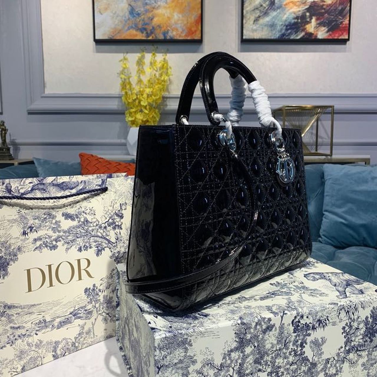 Christian Dior Large Lady Dior Bag Silver Hardware Black Patent For Women 12.5in/32cm CDOWCB_