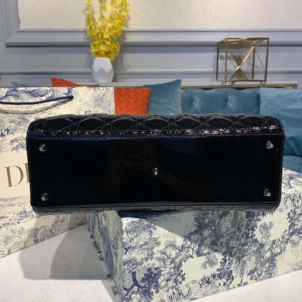 Christian Dior Large Lady Dior Bag Silver Hardware Black Patent For Women 12.5in/32cm CDOWCB_