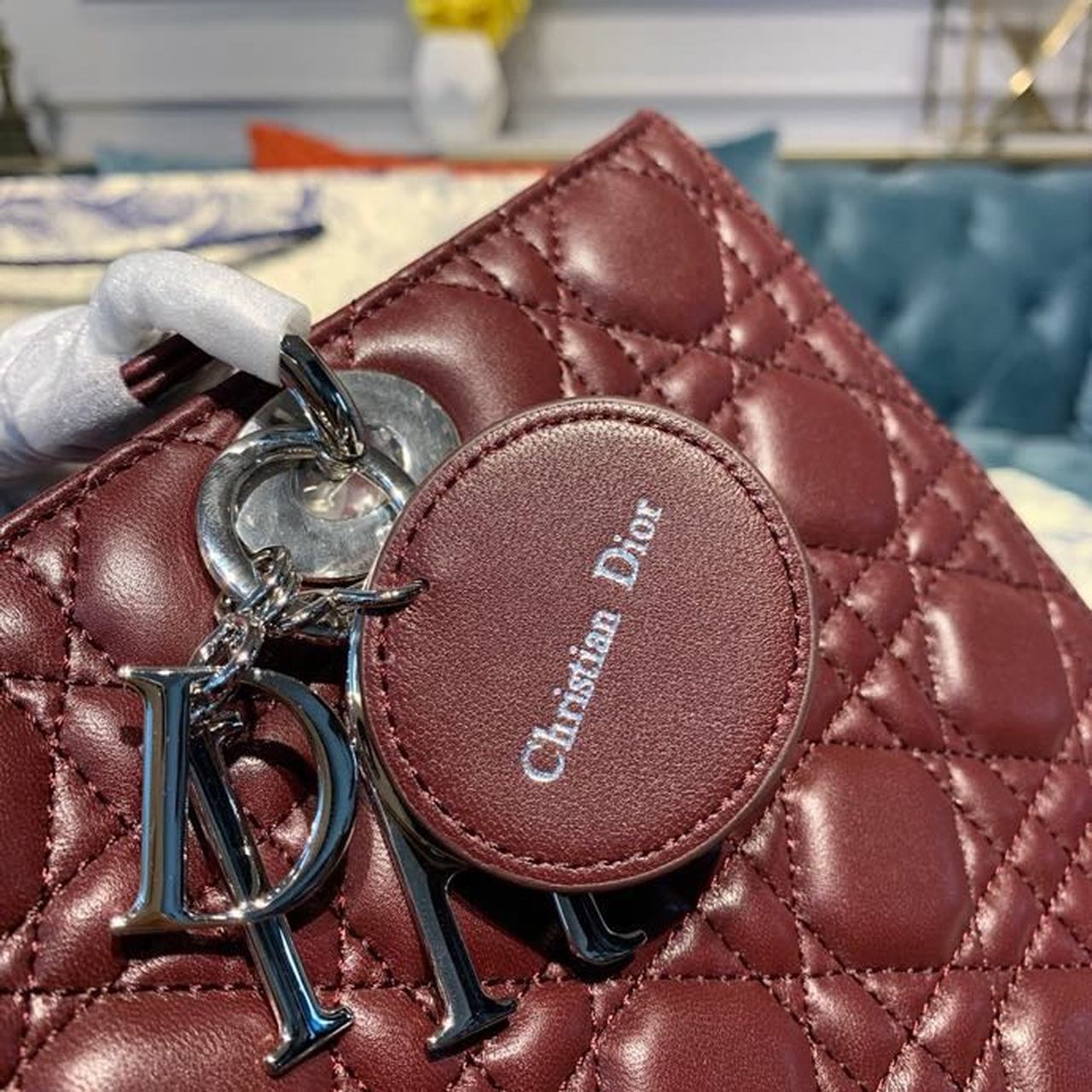 Christian Dior Large Lady Dior Bag Silver Hardware Burgundy Cannage For Women 12.5in/32cm CD