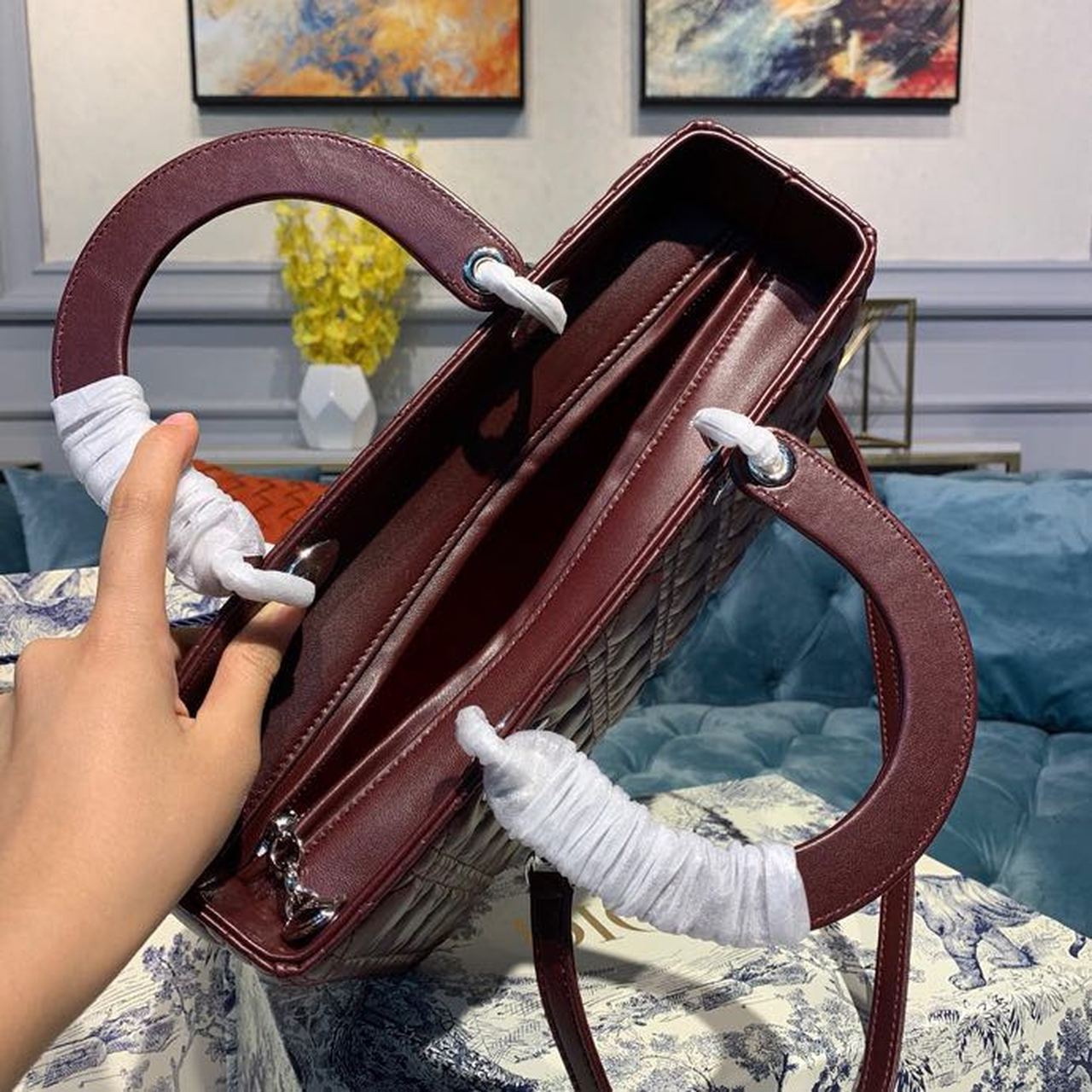 Christian Dior Large Lady Dior Bag Silver Hardware Burgundy Cannage For Women 12.5in/32cm CD