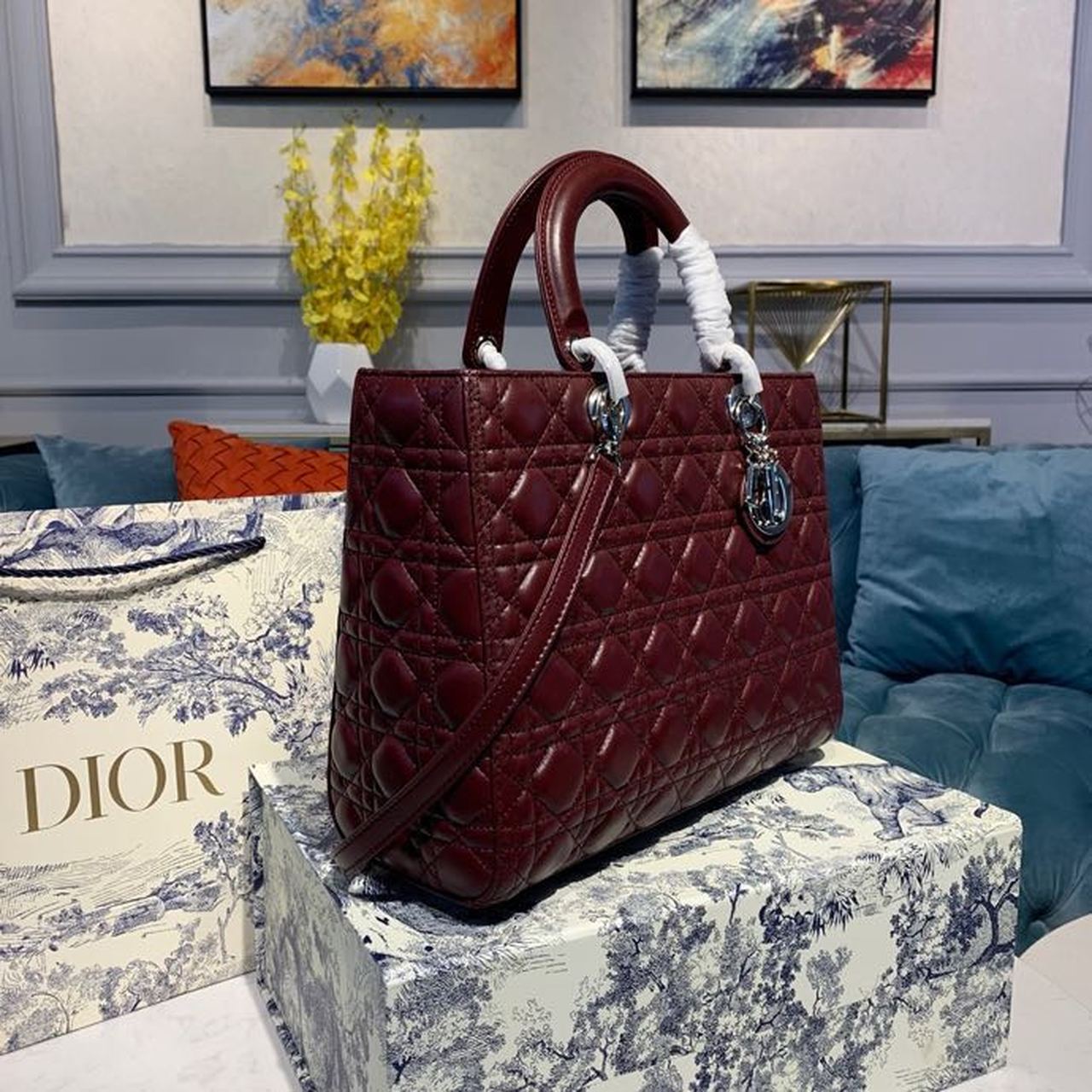Christian Dior Large Lady Dior Bag Silver Hardware Burgundy Cannage For Women 12.5in/32cm CD