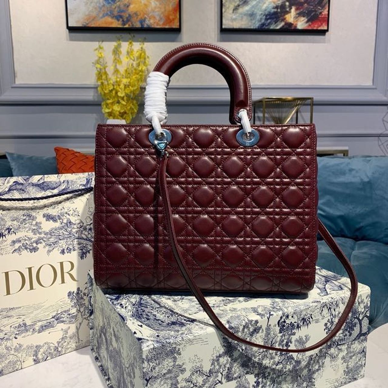 Christian Dior Large Lady Dior Bag Silver Hardware Burgundy Cannage For Women 12.5in/32cm CD
