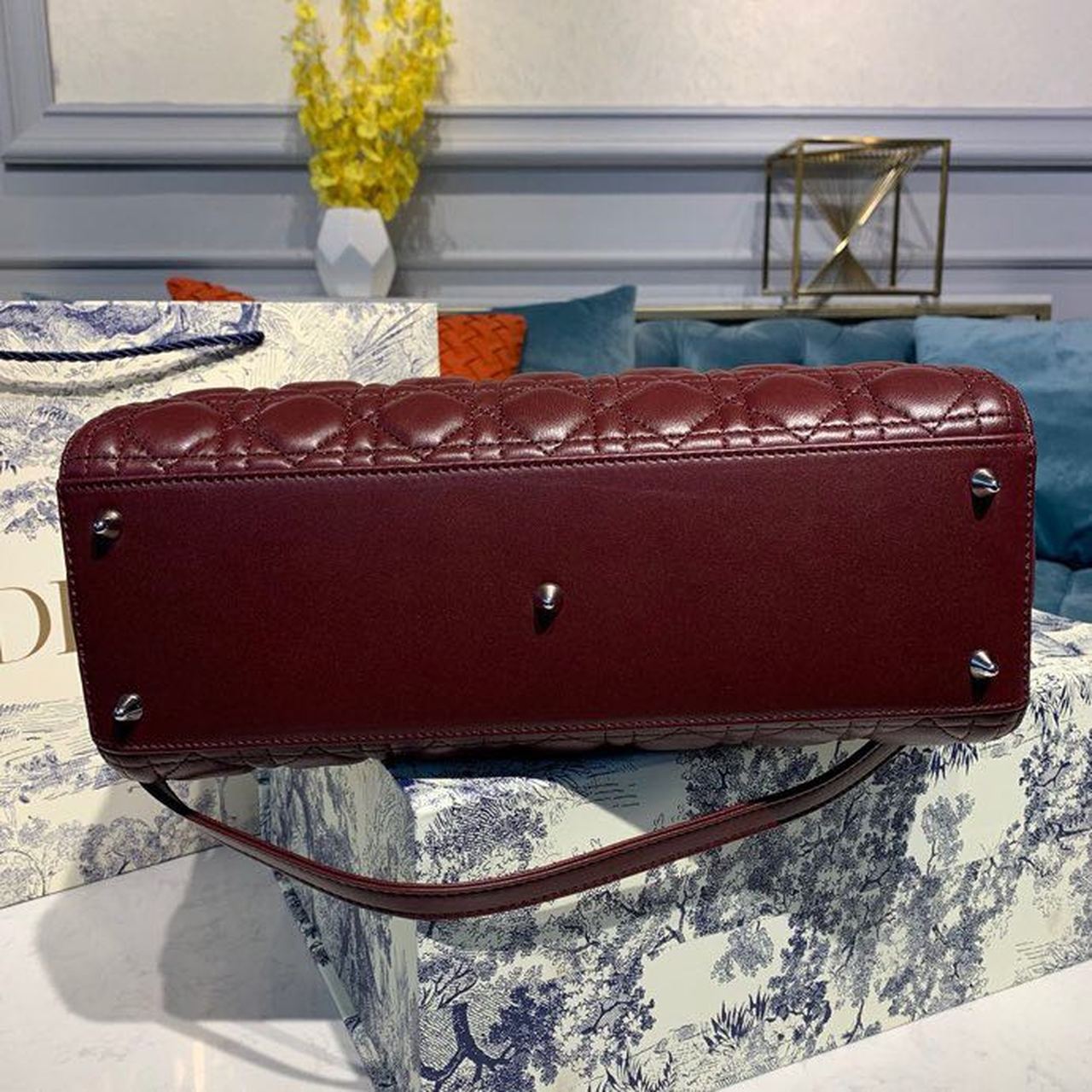 Christian Dior Large Lady Dior Bag Silver Hardware Burgundy Cannage For Women 12.5in/32cm CD